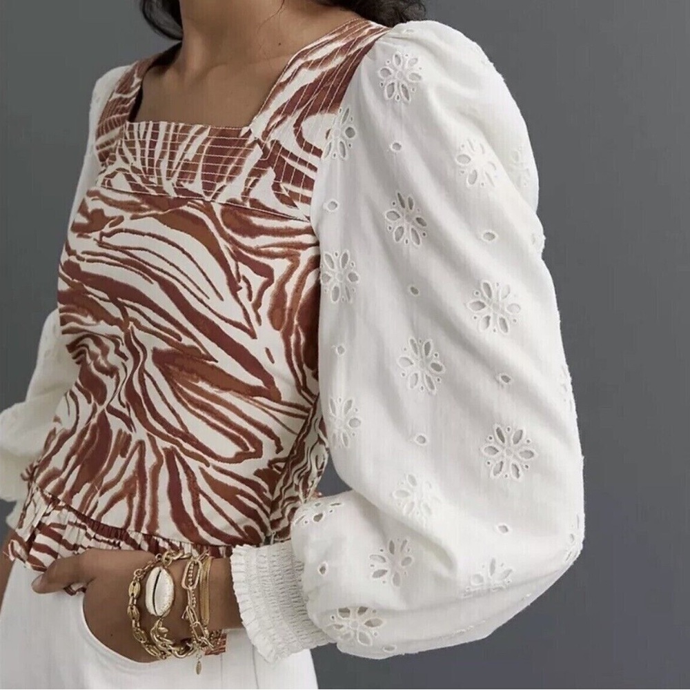 Anthropologie Love the Label brown and cream zebra print eyelet blouse